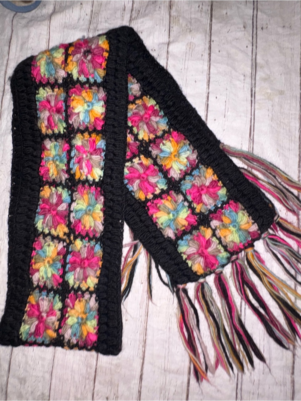 HANDMADE! Nirvana Designs wool multi colored floral chunky crochet scarf boho